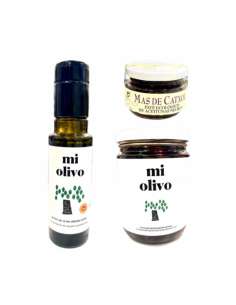 Packa PDO-olja, svarta oliver och svart olivpastej