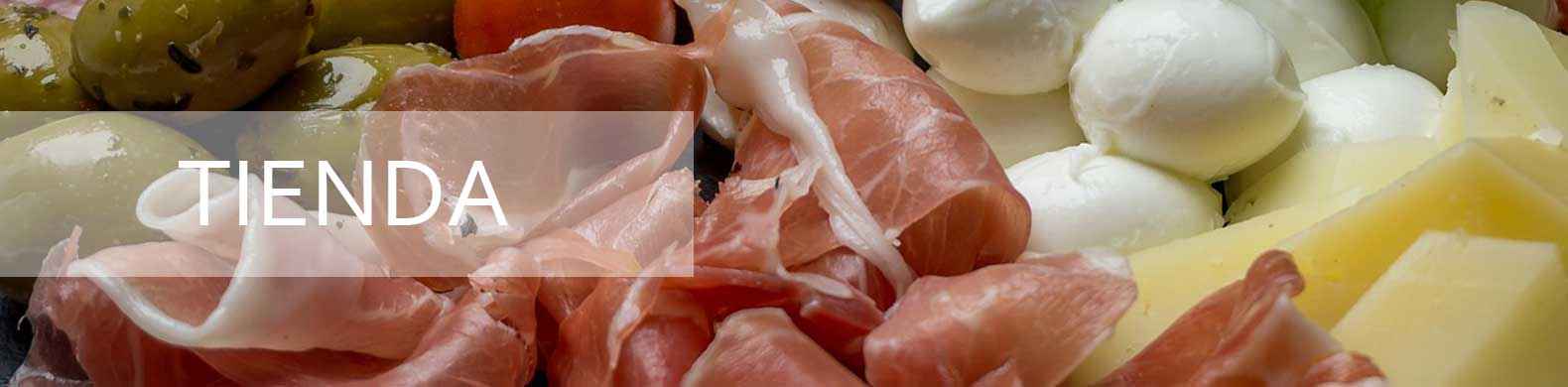 banner tienda, se ve jamón, olivas y queso