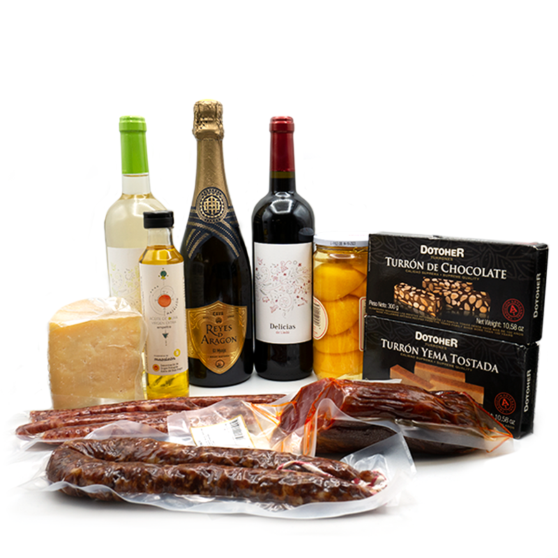 Cesta familiar de dulces, jamón y bebidas