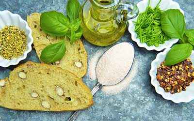 bread, gluten-free flour, seeds oil and basil