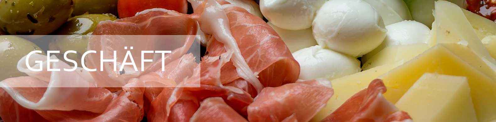 Ladenbanner, Sie sehen Schinken, Oliven und Käse